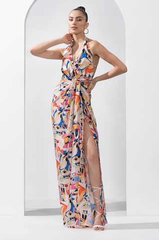 Mandira Wirk Abstract Print Halter Neck Gown 