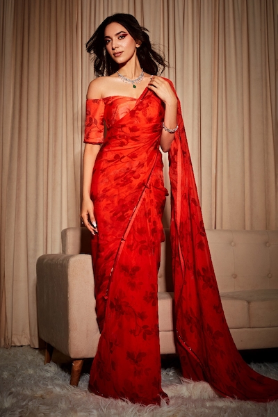 Buy Red Organza Printed Leaf Motifs V Pre-draped Ruffle Saree With Blouse  For Women by Seeaash Online at Aza Fashions.