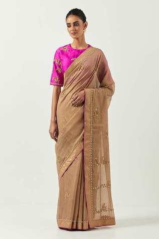 Label Earthen Surmai Gulab Embroidered Saree With Blouse 