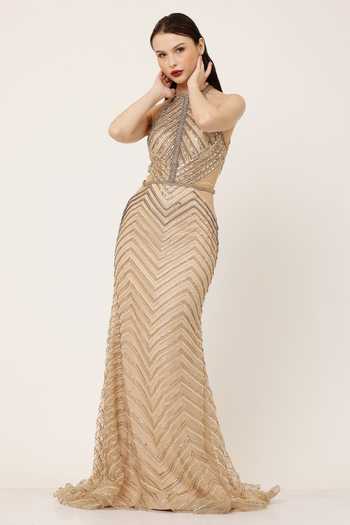 Ambrosia Chevron Pattern Hand Embellished Gown 