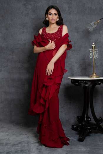 Sunita Bhandari Ruffle Pre-Draped Saree With Sleeveless Blouse 