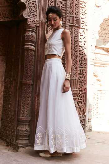 Tisha Saksena Floral Geometric Embroidered Crop Top & Skirt Set 