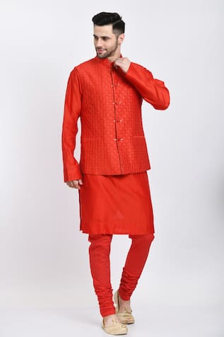 Red Geometric Embroidered Bundi Set 
