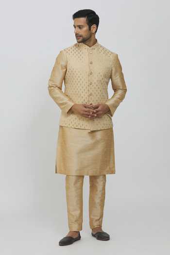 Priti Sahni Beige Embroidered Bundi Jacket & Kurta Set 