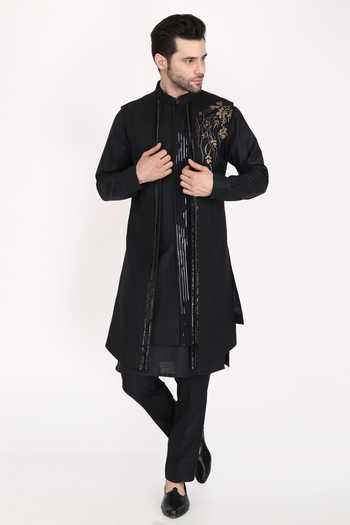 Manish Nagdeo Black Hand Embroidered Bundi Kurta Set 