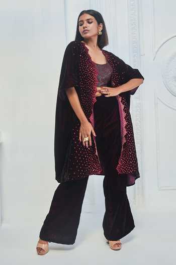 Monk & Mei By Sonia Anand Velvet Geometric Pattern Kaftan & Pant Set 
