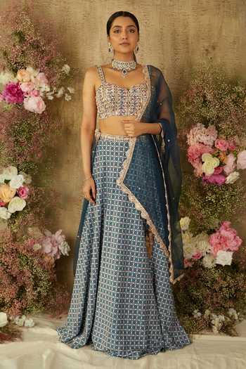 Ria Shah Label Geometric Print Lehenga Set With Organza Dupatta 