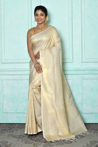 Cream Boota Katan Silk Handloom Banarasi Saree - Sacred Weaves