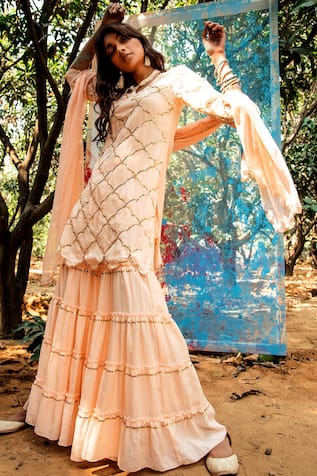 Embroidered Short Kurta Sharara Set 