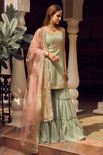 Lashkaraa Leaf Neck Embroidered Kurta Sharara Set 