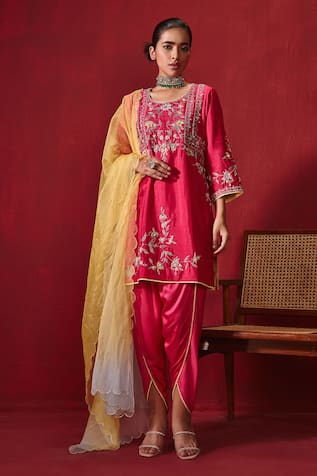 Ajiesh Oberoi Preet Floral Embroidered Kurta Dhoti Pant Set 