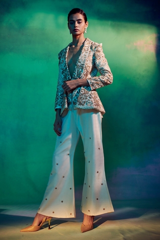 AASHIMA BEHL Silk Embroidered Peplum Jacket & Pant Set