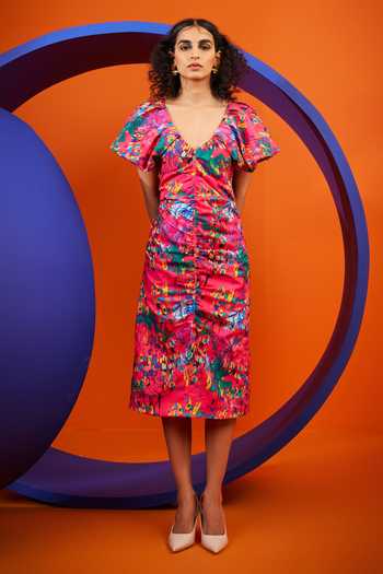 The Dramebaaz CO Aster Print Gathered Dress 