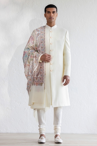 Qbik Talq Pashmina Sherwani Set With Kashmiri Embroidered Stole