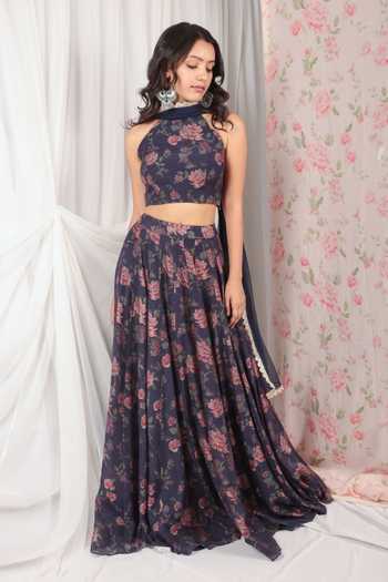 HOUSE OF TA-YA Floral Print Halter Blouse Lehenga Set 