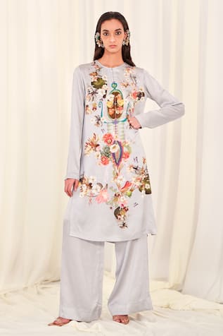 Silk Flower Print Kurta With Trouser 