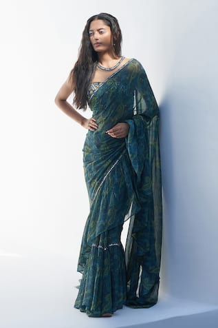 Nadima Saqib Paisley Print Ruffle Saree 