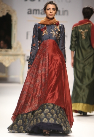 Joy Mitra Deep grey embroidered ajrakh anarkali with printed skirt