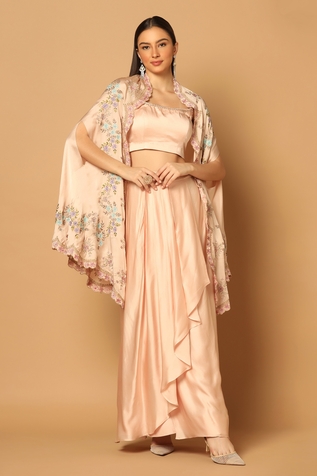 Two Sisters By Gyans Floral Embroidered Cape & Draped Skirt Set