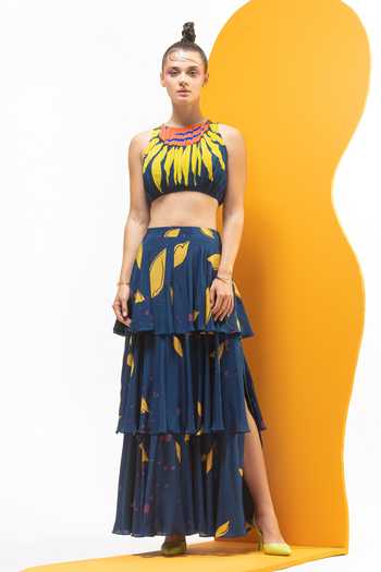 Nautanky Artistic Print Crop Top & Tiered Skirt Set 