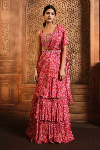 Aneesh Agarwaal Pre-Draped Flower Vine Print Saree Blouse Set 