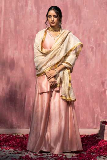 Weaver Story Chanderi Silk Sleeve Embroidered Kurta Sharara Set 