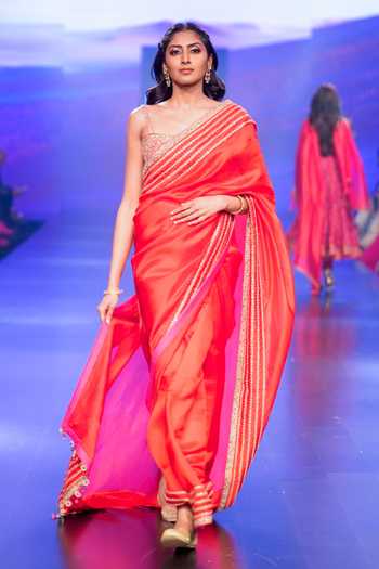 Punit Balana Red Organza Silk Embroidered Saree Set 