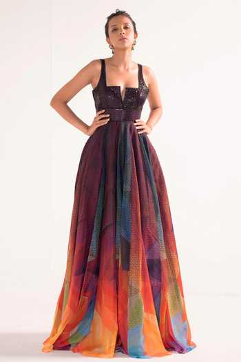 Cedar & Pine Abstract Print Sequin Bodice Gown 
