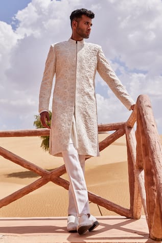 Sarab Khanijou Silk Mirror & Pearl Embroidered Sherwani Set 