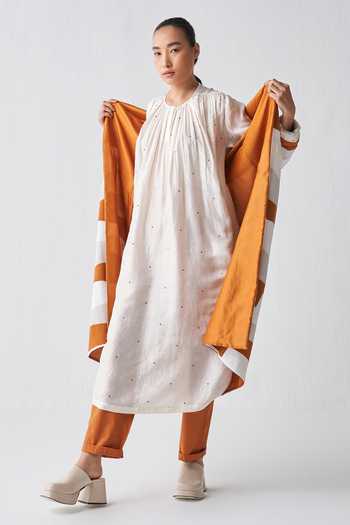 Three Gathered Neck Polka Print Dress 