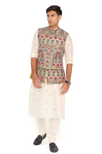 PS Men By Payal Singhal Embroidered Yellow Georgette Bundi Set 