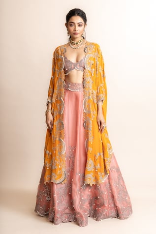 Nupur Kanoi Embroidered Lehenga Set With Contrast Triangle Cape 