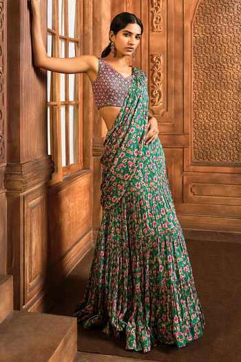 Aneesh Agarwaal Pre-Draped Flower Bloom Print Saree With Blouse 