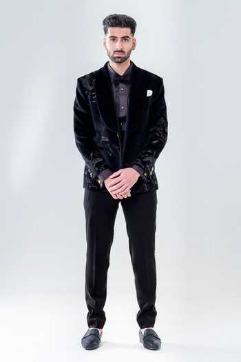 Amrit Dawani Black Velvet Embroidered Tuxedo Set 
