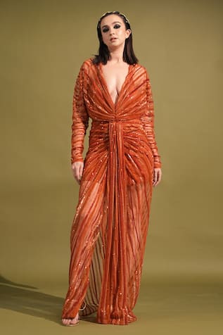 Tulle Embellished & Draped Slit Maxi Dress 