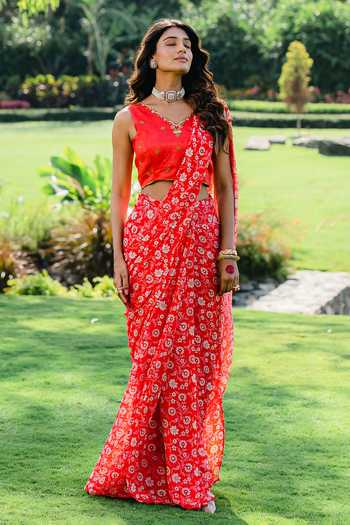 Redpine Designs Pre-Draped Floral Print Saree With Blouse 