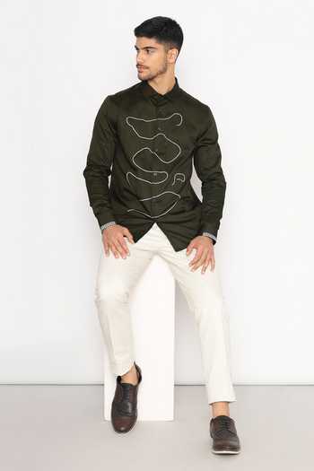 Lacquer Embassy Olive Green Abstract Embroidered Shirt 