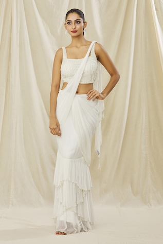 ARPAN VOHRA Solid Pre Draped Saree With Tasselled Blouse