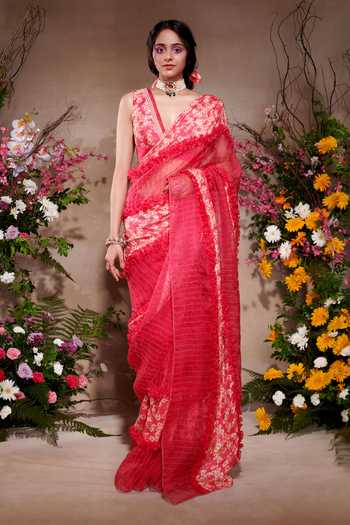 SHASHA GABA Printed Ardour Ruffle Saree With Blouse 