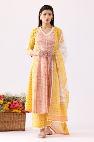 Floral Print Panelled Anarkali Set 