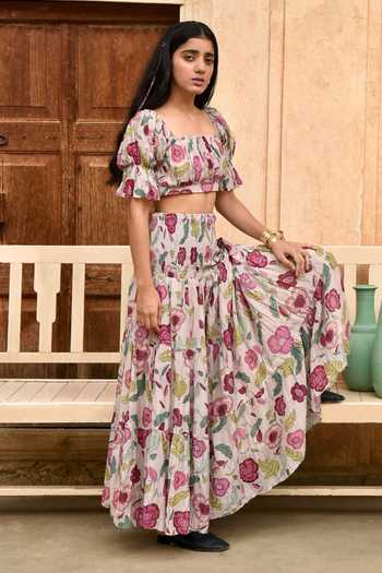 Taro Chanderi Silk Floral Print Crop Top 