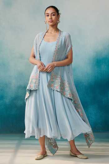 SUHINO Georgette Dress With Embroidered Cape 