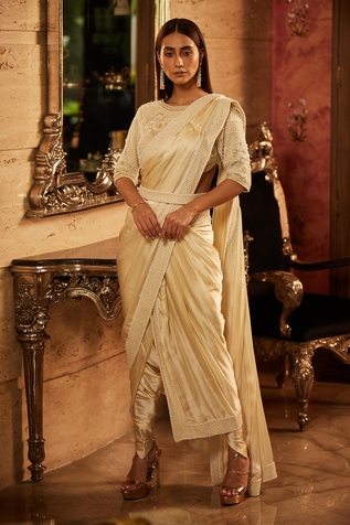 The House of Exotique Silk Satin Pearl Embroidered Lungi Saree Set