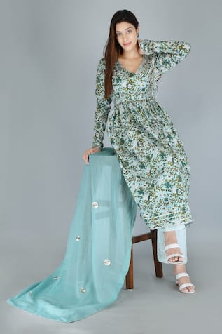 Floral Print Angrakha Anarkali Set 