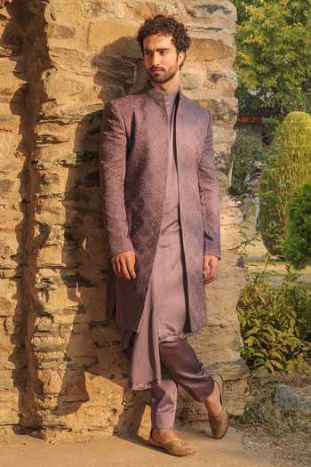Jatin Malik Linen Silk Jamawar Embroidered Sherwani Set 