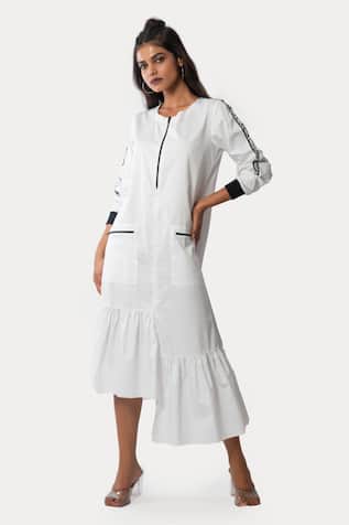 Veera Wear White Cotton Asymmetrical Hem Dress 