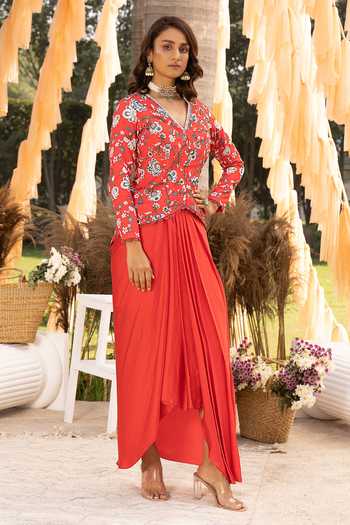 Chhavvi Aggarwal Floral Print Jacket & Draped Skirt Set 