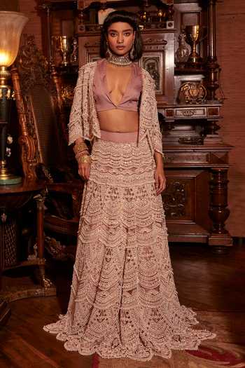 Ridhima Bhasin Rubaab Asymmetric Pearl Embroidered Jacket Skirt Set 