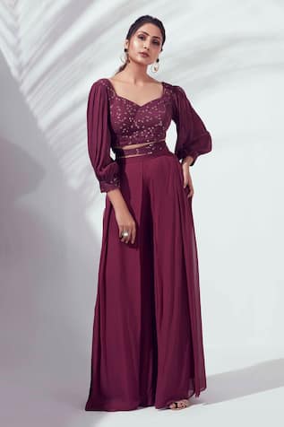 Suruchi Parakh Embroidered Chanderi Silk Crop Top & Pant Set 