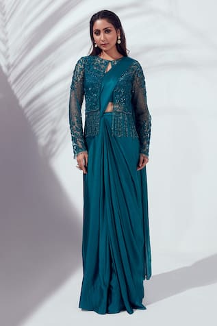 Suruchi Parakh Satin Silk Jacket & Pre-Draped Saree Set 